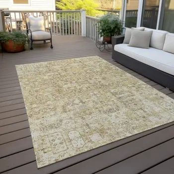 8' X 10' Wheat Beige And Gray Floral Washable Indoor Outdoor Area Rug