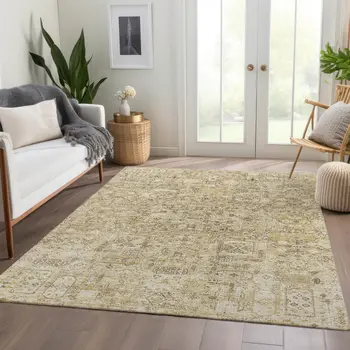 8' X 10' Wheat Beige And Gray Floral Washable Indoor Outdoor Area Rug