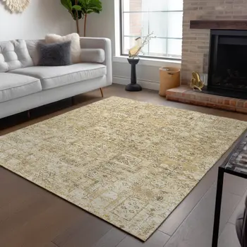 10' X 14' Wheat Beige And Gray Floral Washable Indoor Outdoor Area Rug