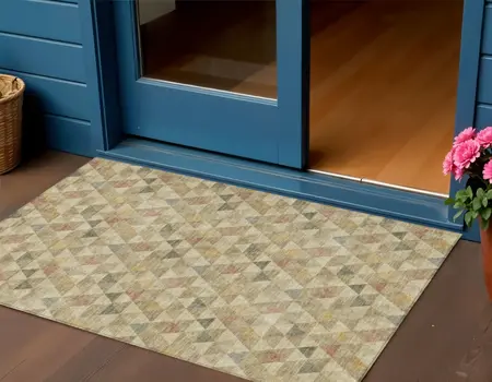 3' X 5' Beige Tan And Taupe Geometric Washable Indoor Outdoor Area Rug
