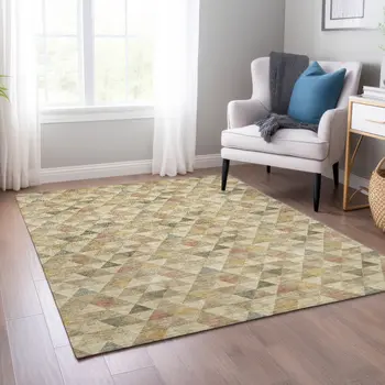 3' X 5' Beige Tan And Taupe Geometric Washable Indoor Outdoor Area Rug