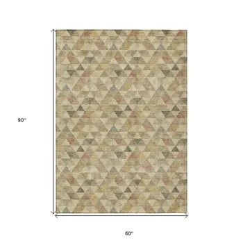 5' X 8' Beige Tan And Taupe Geometric Washable Indoor Outdoor Area Rug