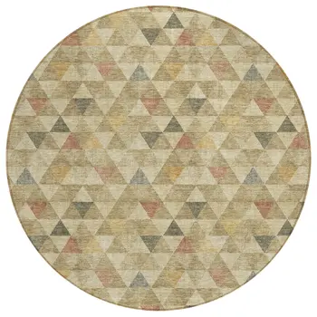 8' Beige Tan And Taupe Round Geometric Washable Indoor Outdoor Area Rug