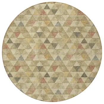 8' Beige Tan And Taupe Round Geometric Washable Indoor Outdoor Area Rug