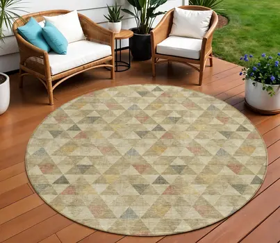8' Beige Tan And Taupe Round Geometric Washable Indoor Outdoor Area Rug