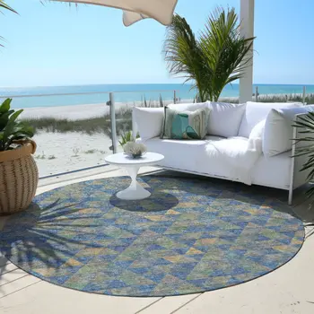 8' Sky Blue And Gray Round Geometric Washable Indoor Outdoor Area Rug