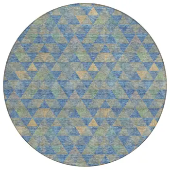 8' Sky Blue And Gray Round Geometric Washable Indoor Outdoor Area Rug