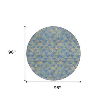 8' Sky Blue And Gray Round Geometric Washable Indoor Outdoor Area Rug