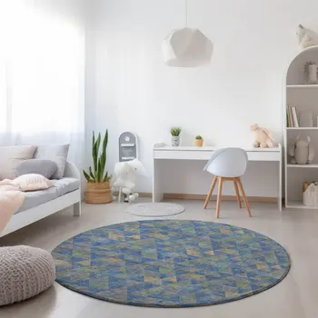 8' Sky Blue And Gray Round Geometric Washable Indoor Outdoor Area Rug