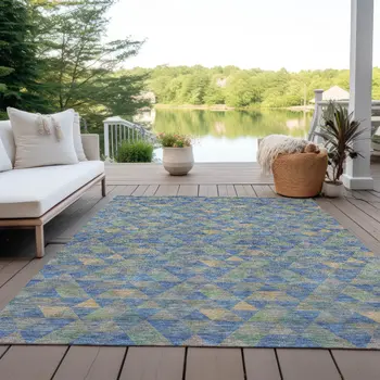 9' X 12' Sky Blue And Gray Geometric Washable Indoor Outdoor Area Rug