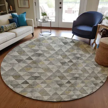8' Taupe Beige And Tan Round Geometric Washable Indoor Outdoor Area Rug