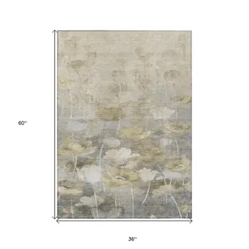 3' X 5' Beige Taupe And Wheat Floral Washable Indoor Outdoor Area Rug