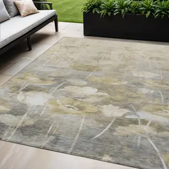 5' X 8' Beige Taupe And Wheat Floral Washable Indoor Outdoor Area Rug