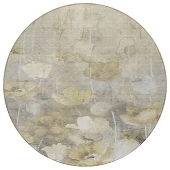 8' Beige Taupe And Wheat Round Floral Washable Indoor Outdoor Area Rug