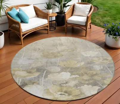 8' Beige Taupe And Wheat Round Floral Washable Indoor Outdoor Area Rug