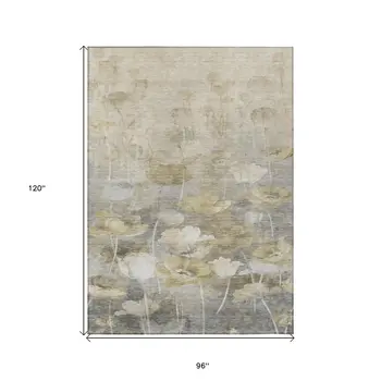 8' X 10' Beige Taupe And Wheat Floral Washable Indoor Outdoor Area Rug
