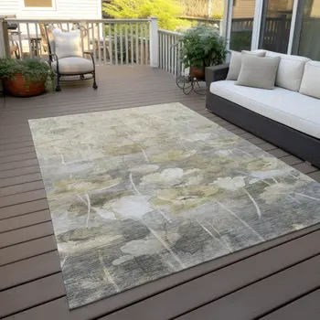 8' X 10' Beige Taupe And Wheat Floral Washable Indoor Outdoor Area Rug