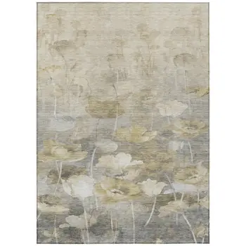9' X 12' Beige Taupe And Wheat Floral Washable Indoor Outdoor Area Rug