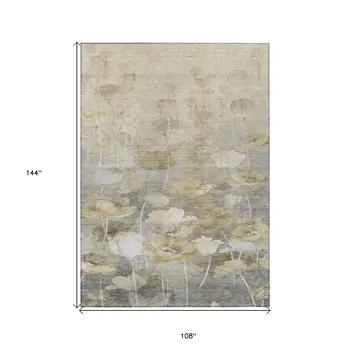 9' X 12' Beige Taupe And Wheat Floral Washable Indoor Outdoor Area Rug