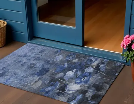 3' X 5' Navy Blue And Denim Blue Floral Washable Indoor Outdoor Area Rug