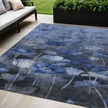 5' X 8' Navy Blue And Denim Blue Floral Washable Indoor Outdoor Area Rug