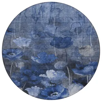 8' Navy Blue And Denim Blue Round Floral Washable Indoor Outdoor Area Rug