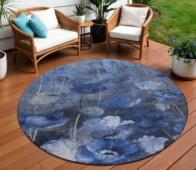 8' Navy Blue And Denim Blue Round Floral Washable Indoor Outdoor Area Rug