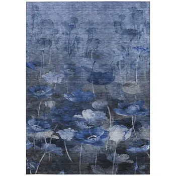 9' X 12' Navy Blue And Denim Blue Floral Washable Indoor Outdoor Area Rug