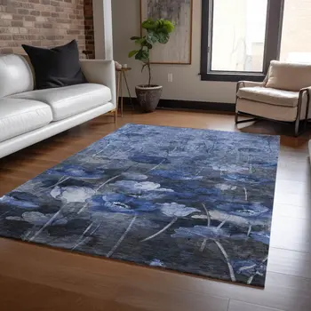 9' X 12' Navy Blue And Denim Blue Floral Washable Indoor Outdoor Area Rug