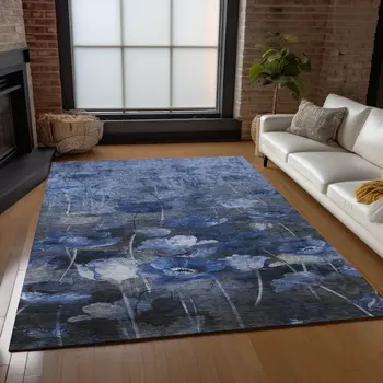 9' X 12' Navy Blue And Denim Blue Floral Washable Indoor Outdoor Area Rug