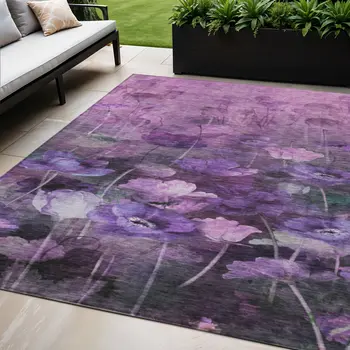 5' X 8' Purple Eggplant And Lavender Floral Washable Indoor Outdoor Area Rug