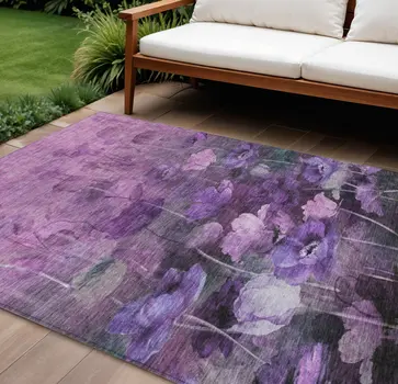 10' X 14' Purple Eggplant And Lavender Floral Washable Indoor Outdoor Area Rug