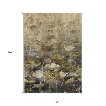 9' X 12' Taupe Beige And Tan Floral Washable Indoor Outdoor Area Rug