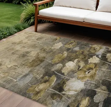10' X 14' Taupe Beige And Tan Floral Washable Indoor Outdoor Area Rug