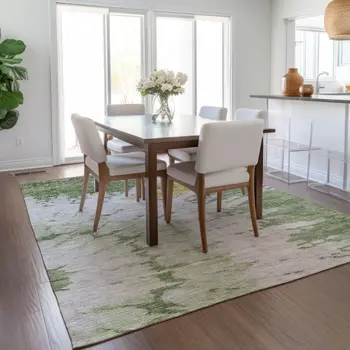 3' X 5' Artichoke Green And Olive Green Abstract Washable Indoor Outdoor Area Rug