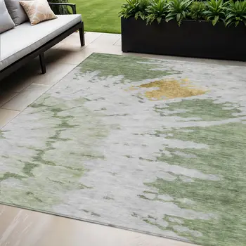 5' X 8' Artichoke Green And Olive Green Abstract Washable Indoor Outdoor Area Rug