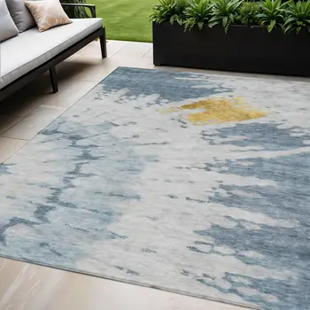5' X 8' Denim Blue And Sky Blue Abstract Washable Indoor Outdoor Area Rug