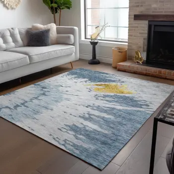 5' X 8' Denim Blue And Sky Blue Abstract Washable Indoor Outdoor Area Rug