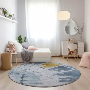 8' Denim Blue And Sky Blue Round Abstract Washable Indoor Outdoor Area Rug