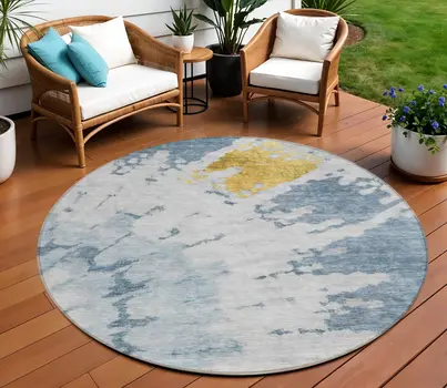 8' Denim Blue And Sky Blue Round Abstract Washable Indoor Outdoor Area Rug
