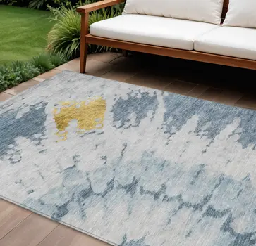 9' X 12' Denim Blue And Sky Blue Abstract Washable Indoor Outdoor Area Rug