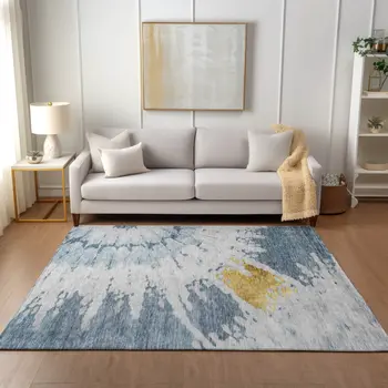 9' X 12' Denim Blue And Sky Blue Abstract Washable Indoor Outdoor Area Rug