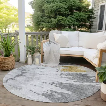 8' Gray Silver And Charcoal Round Abstract Washable Indoor Outdoor Area Rug