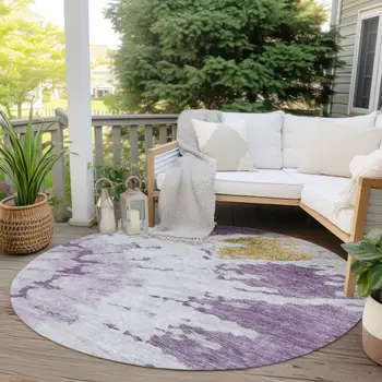 8' Purple And Lavender Round Abstract Washable Indoor Outdoor Area Rug