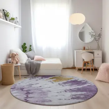 8' Purple And Lavender Round Abstract Washable Indoor Outdoor Area Rug