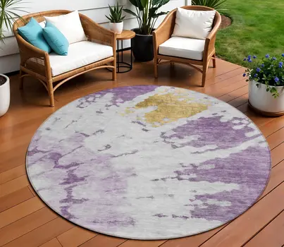 8' Purple And Lavender Round Abstract Washable Indoor Outdoor Area Rug