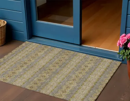 3' X 5' Gold Gray And Silver Floral Medallion Washable Indoor Outdoor Area Rug