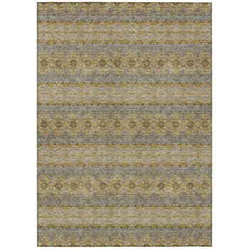5' X 8' Gold Gray And Silver Floral Medallion Washable Indoor Outdoor Area Rug