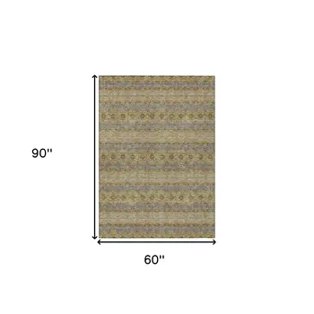 5' X 8' Gold Gray And Silver Floral Medallion Washable Indoor Outdoor Area Rug