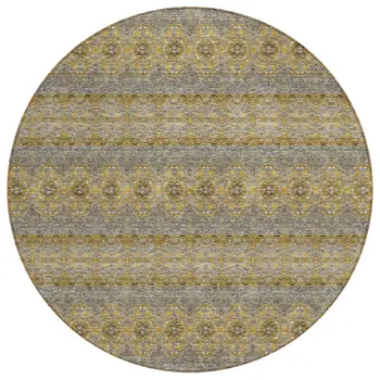 8' Gold Gray And Silver Round Floral Medallion Washable Indoor Outdoor Area Rug
